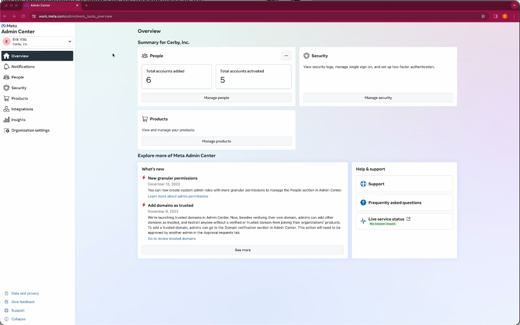 The figure shows the home page of the Admin Center console of Meta Work Account