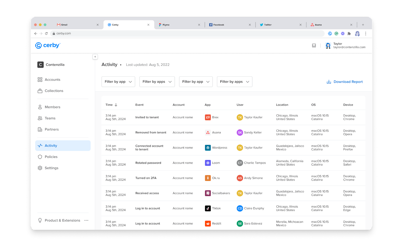 Screenshot of the Cerby web app dashboard. The Activity page is displayed with a table of events