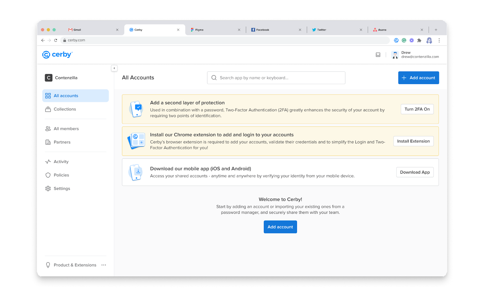 Screenshot of the homepage of the Cerby dashboard, comprised by a left navigation drawer and a main section.