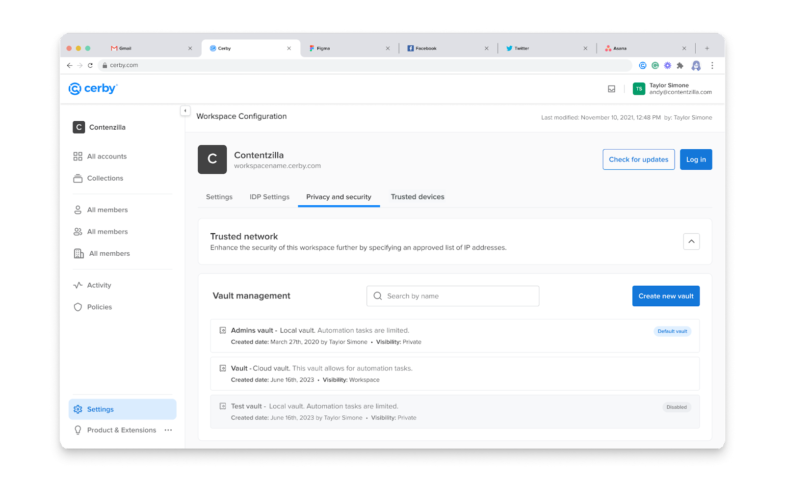 Screenshot of the Vault management section in the Privacy and security tab. A table with the list of vaults is displayed.