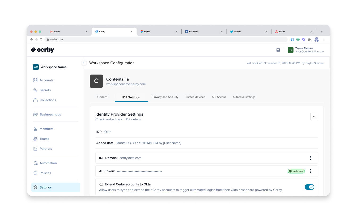 Screenshot of the Workspace Configuration page with the IdP Settings tab activated. In the Extend Cerby accounts to Okta section, you can turn on this feature