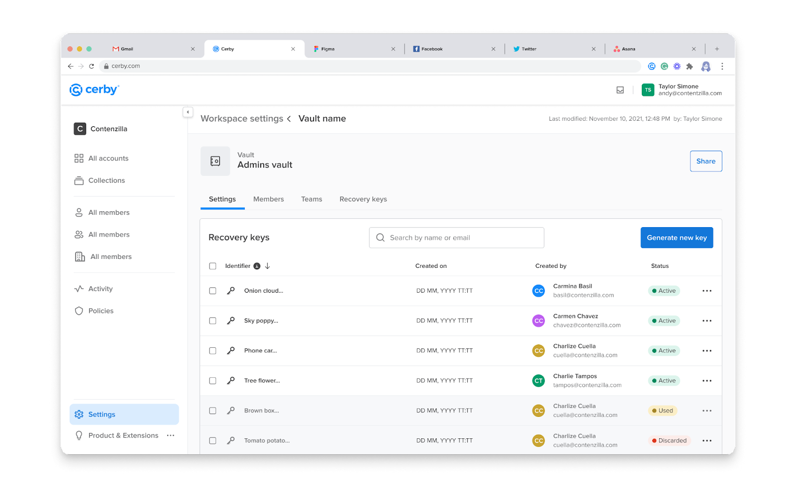 Screenshot of the Recovery keys tab in the vault details page. A table with recovery keys is displayed.