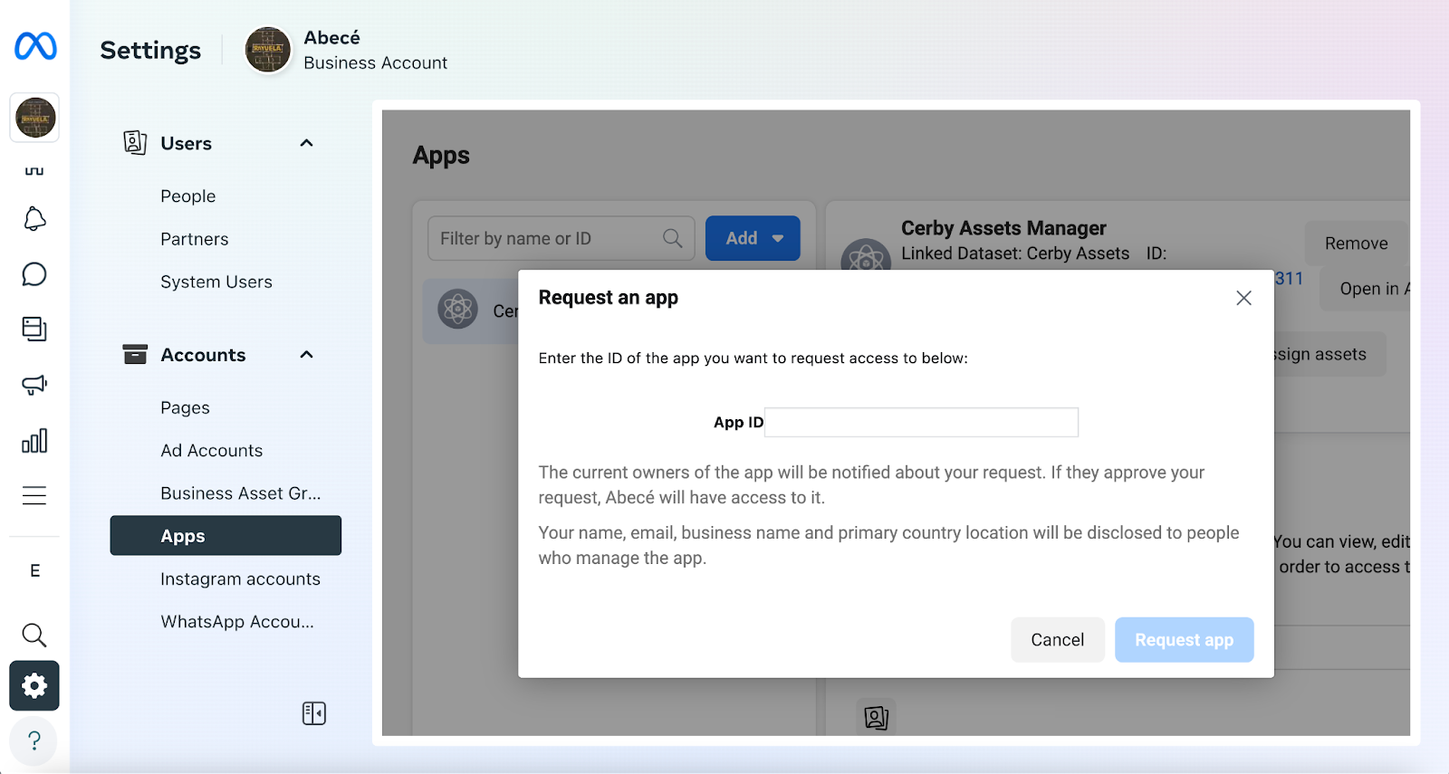 Screenshot of the Settings page of a Meta Business Manager. The Add an app dialog box is displayed on top of the Apps page with an input field for the App ID.