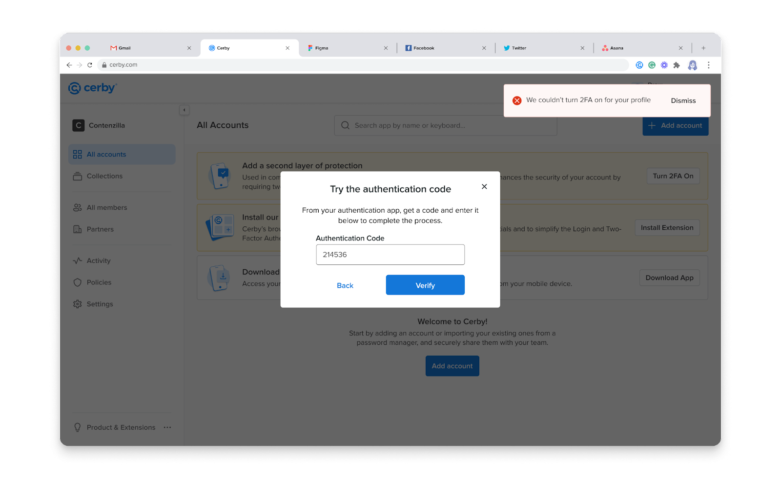 Screenshot of the “We couldn’t turn 2FA on for your profile” message when trying to verify the authentication code in the Try the authentication code dialog box.