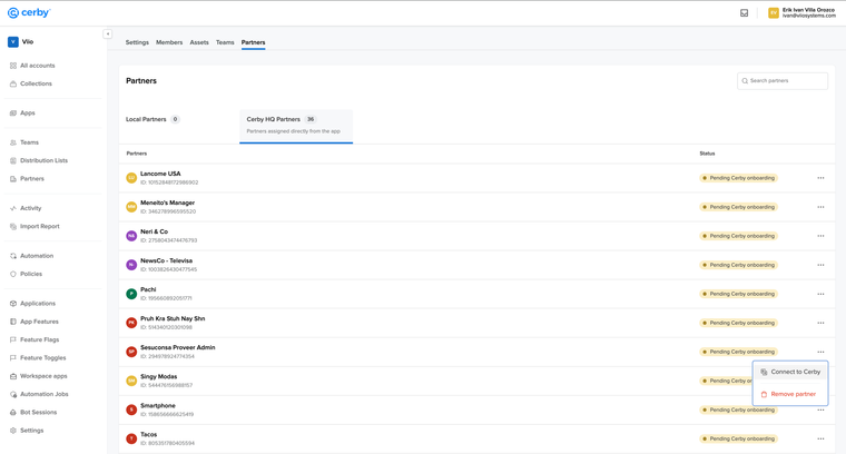 Screenshot of the app details page of a Meta Business Center integration. The Meta Business Partners table is displayed in the Partners tab.
