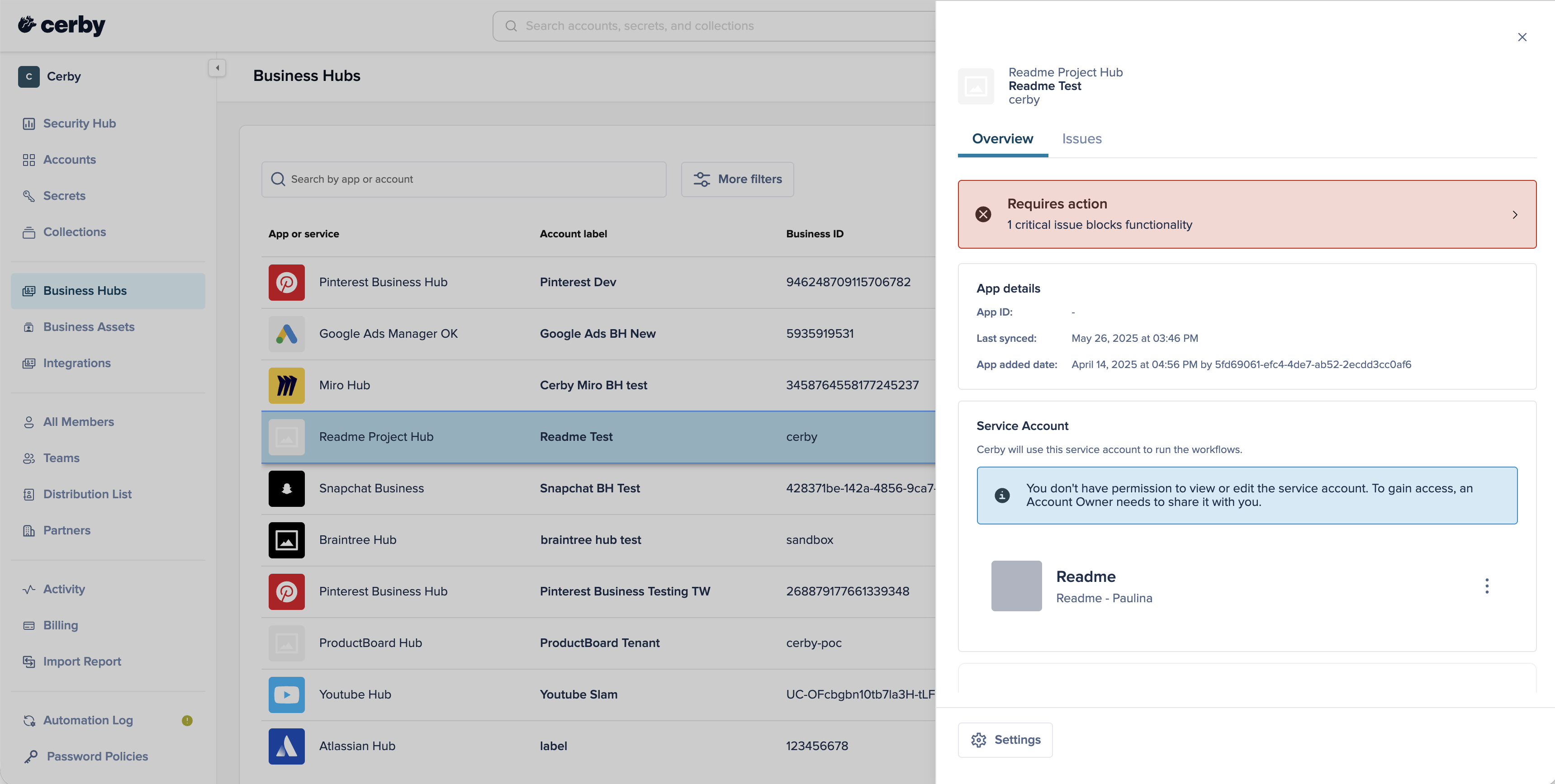 Screenshot of the Cerby web app dashboard. A side panel is displayed to the right with the details of the business hub and a banner with the tasks that require attention