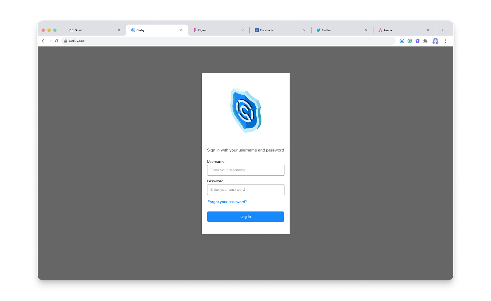 Screenshot of the authentication page for Cerby with the Username and Password input fields and the Log in button.