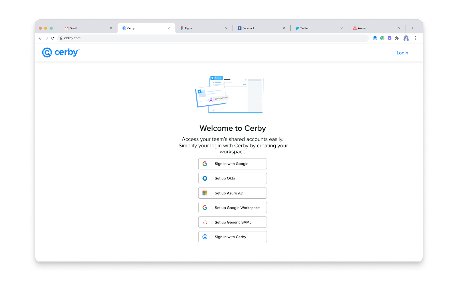 Screenshot of the Welcome to Cerby page, where multiple buttons are displayed with the different options to sign in to Cerby.